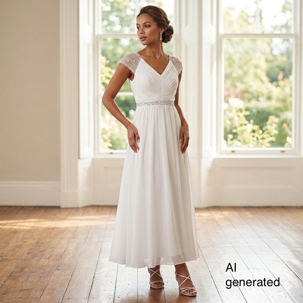 White Pleated Chiffon‎ Rhinestone Maxi Dress S Formal Gown Wedding Prom Princess